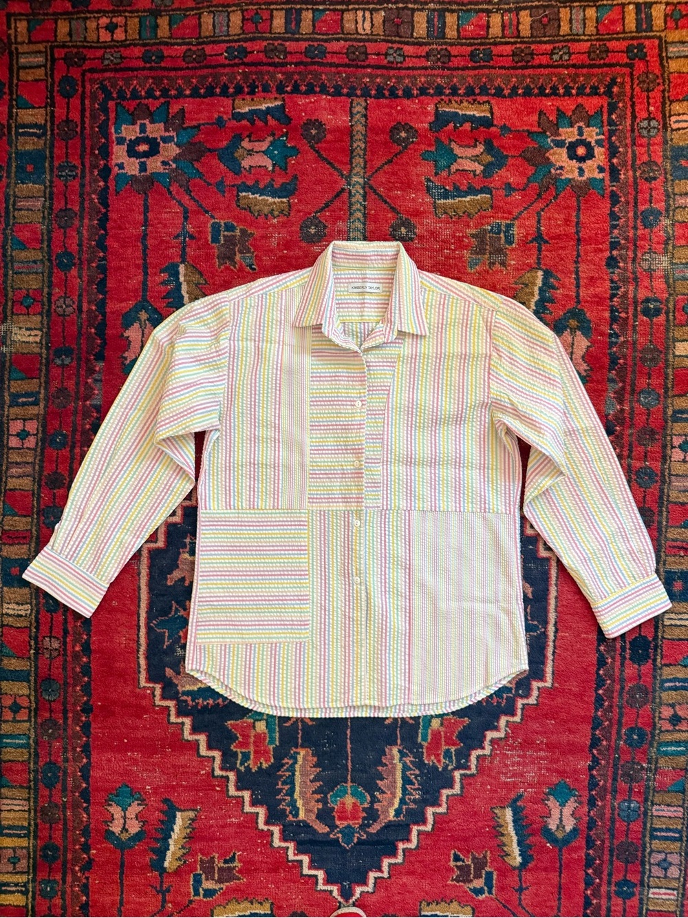 KIMBERLY TAYLOR Seersucker Button-Up Shirt - Pastel Stripes - Small - $250
